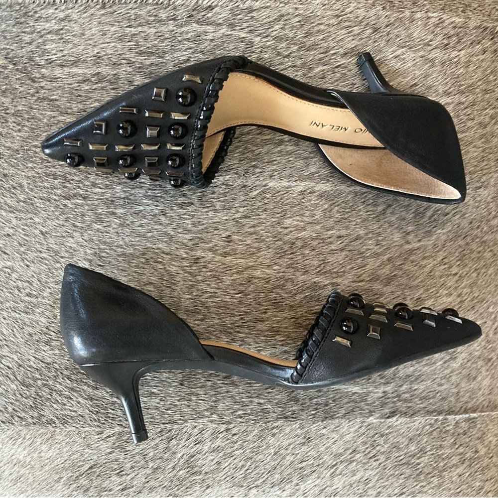 Antonio Melani Vivica Black Leather Pointed Toe Stud Kitten Heel - Picture 8 of 12